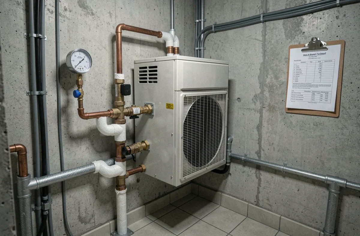 Unité intérieure de pompe à chaleur Auer dans une chaufferie résidentielle avec tuyauterie cuivre, vase d'expansion et devis d'installation affiché