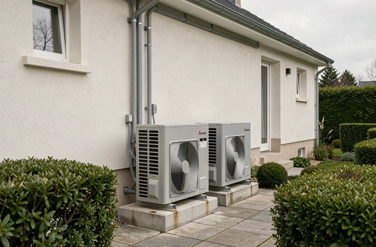 Deux unités extérieures de pompe à chaleur air-air Mitsubishi multisplit installées sur la façade d'une maison individuelle