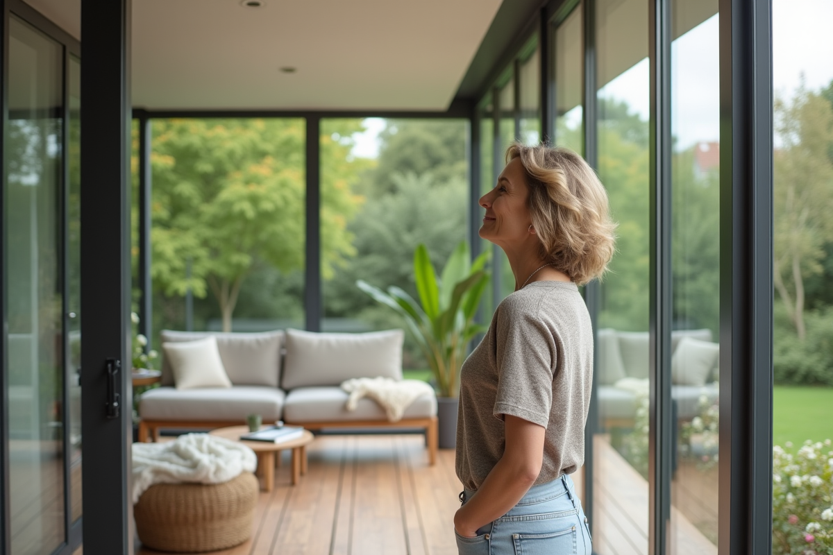 Femme d'âge moyen dans une veranda moderne regardant le jardin