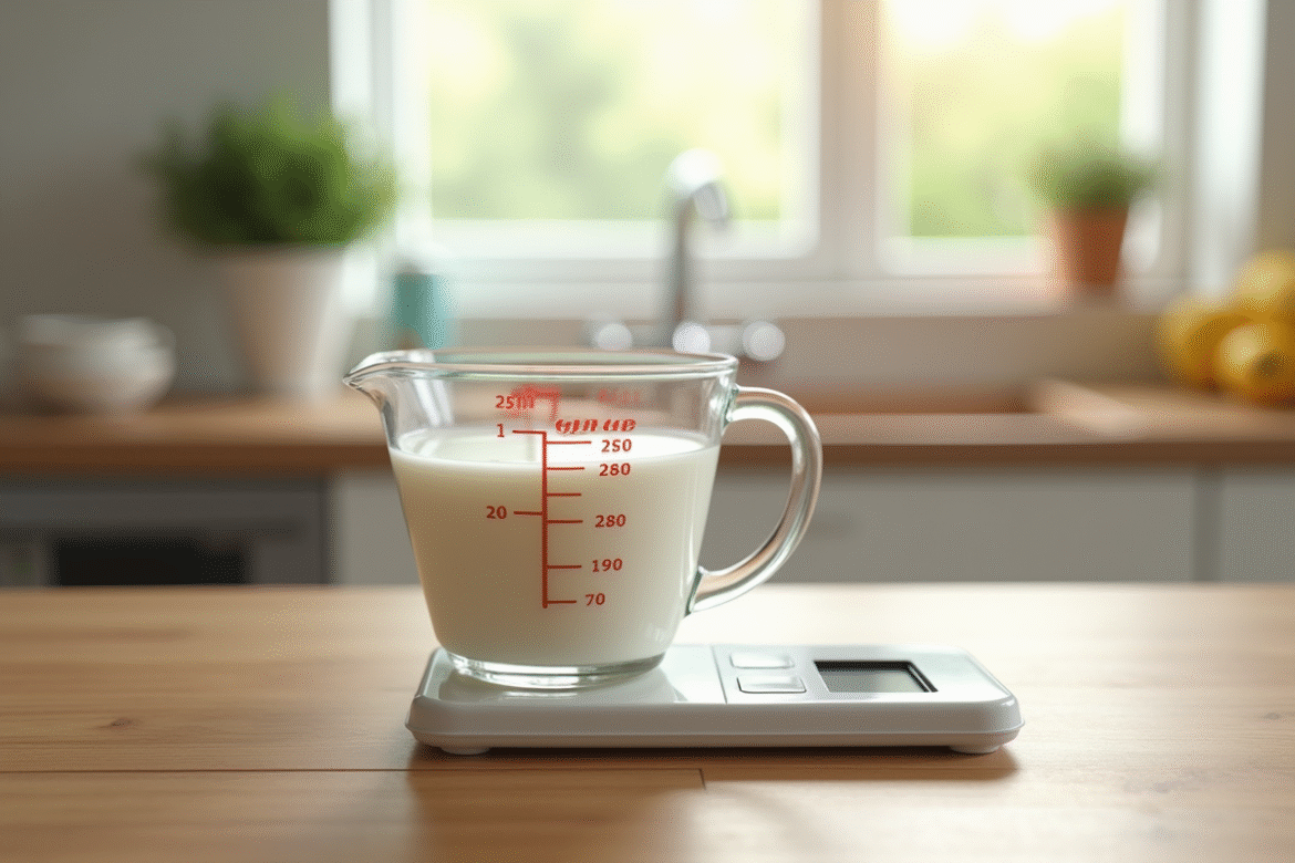 Verre de lait de 250 ml sur plan de travail en bois