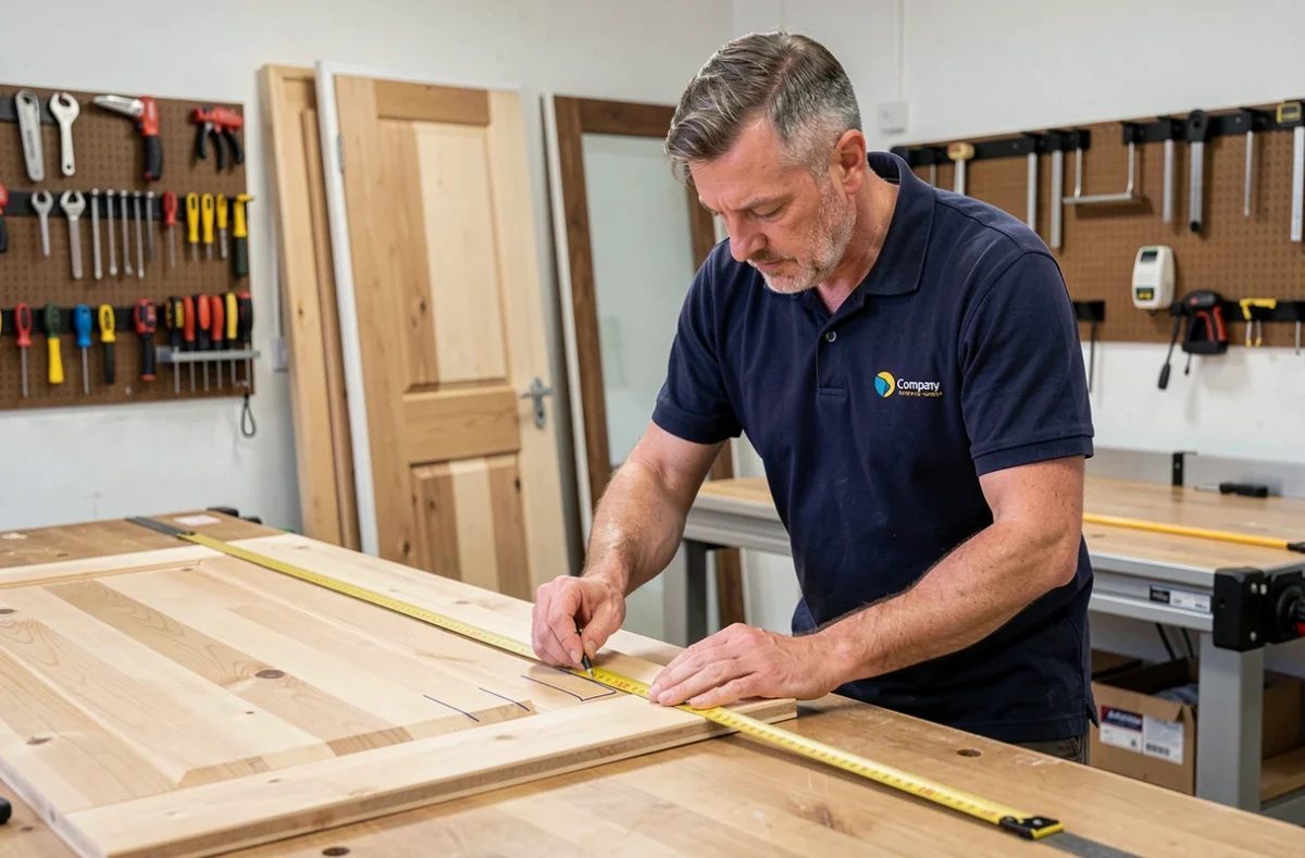 Vogler Philippe menuisier mesurant un panneau de porte en bois dans son atelier professionnel