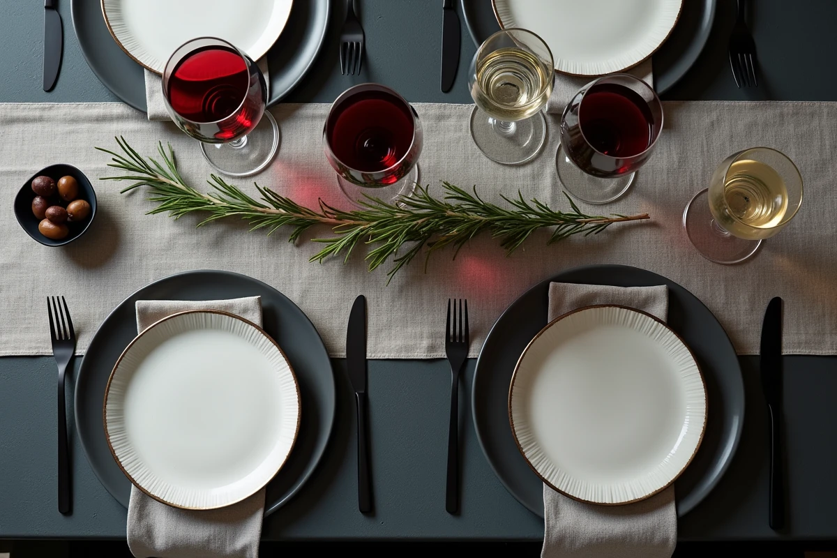 Vue aérienne d'un couvert complet avec plusieurs verres à vin disposés selon les règles du positionnement traditionnel français