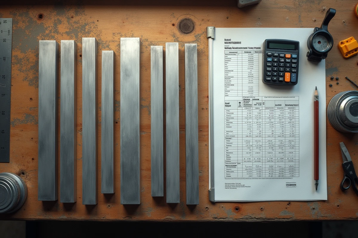 Vue aérienne de tubes en aluminium rectangulaires coupés sur mesure avec devis manuscrit et règle métallique pour optimiser le budget
