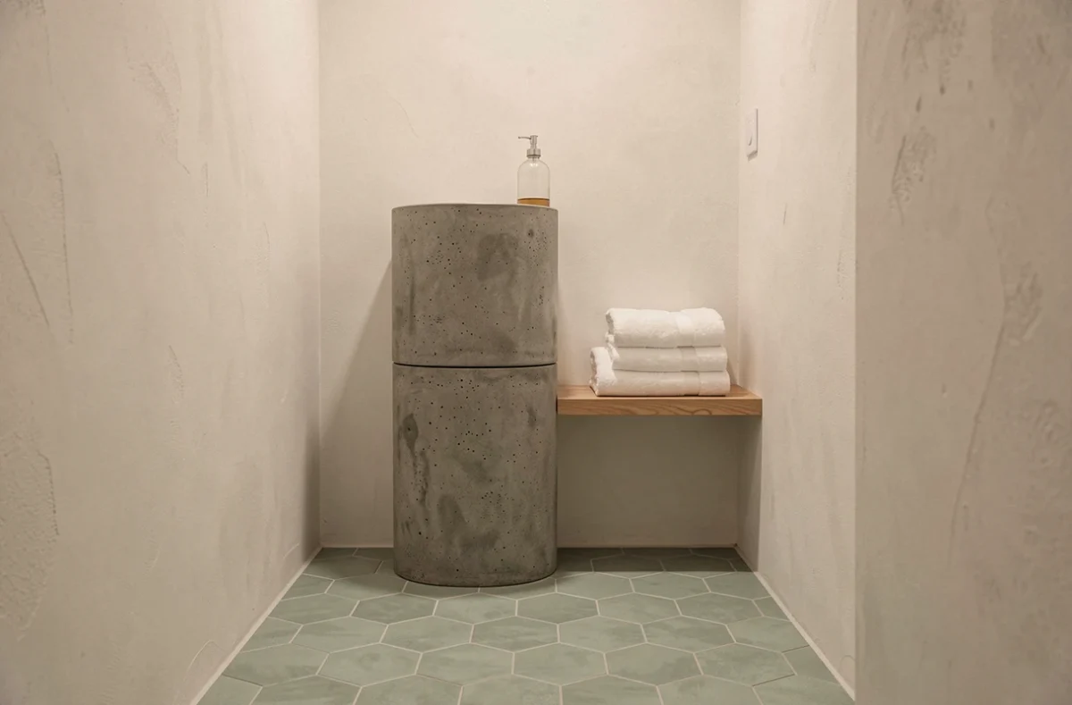 WC avec réservoir lave-main en béton ciré dans un petit espace de style scandinave aux carreaux hexagonaux verts